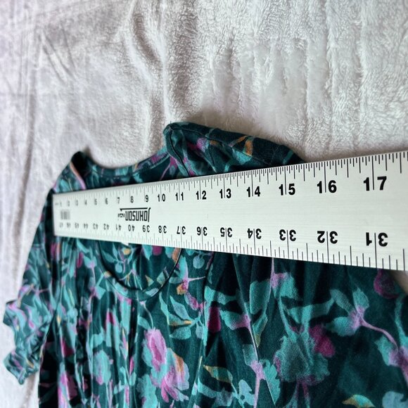 D&Co Denim Womens Floral Short Sleeve A-Line Tunic Top XS Teal Purple Stretchy - Picture 4 of 9